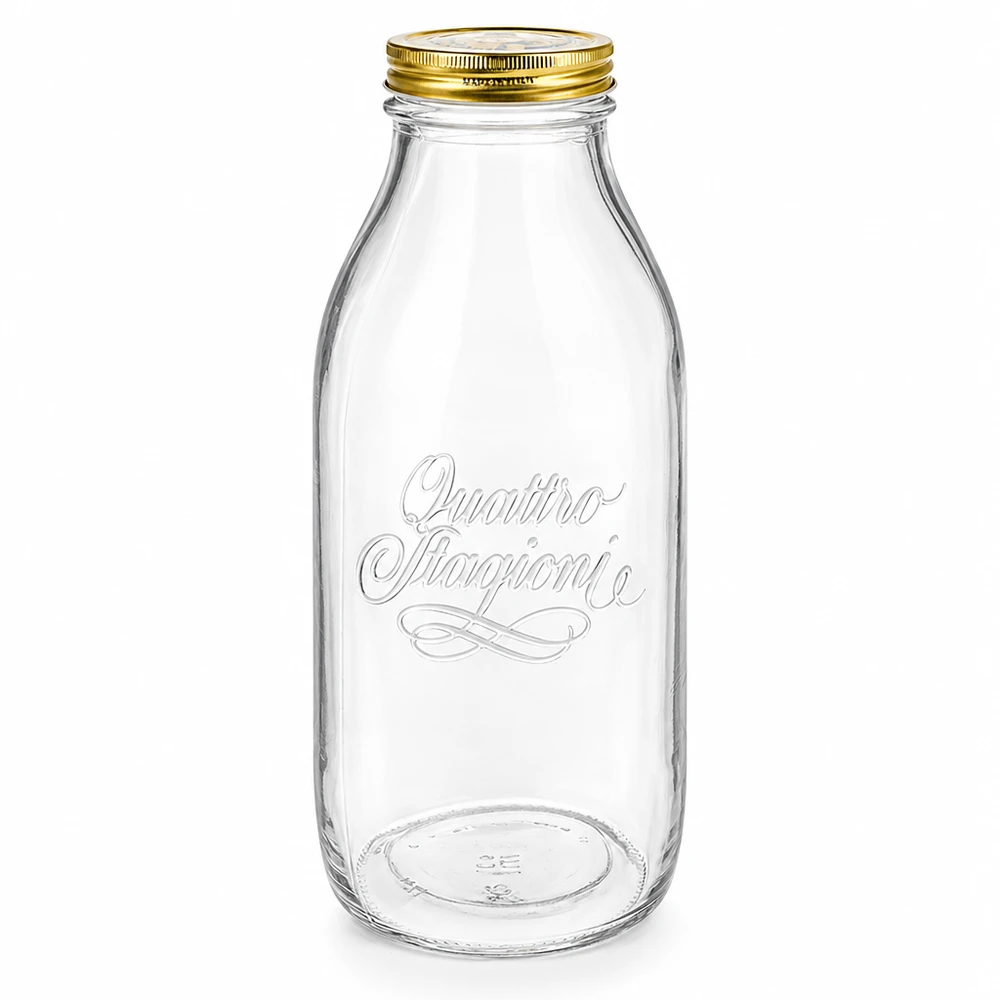 Garrafa de vidro de 1000 ml Quattro Stagioni com tampa de rosca dourada, transparente com letras elegantes, design de garrafa de leite