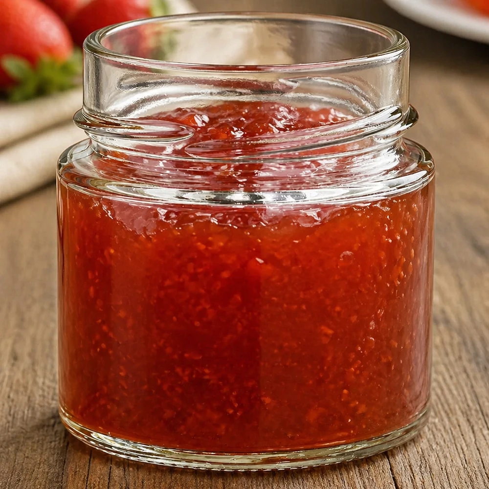 Frasco redondo de 135 ml cheio de compota vermelha Tampa TO58 frasco de conserva frasco de compota sobre mesa de madeira