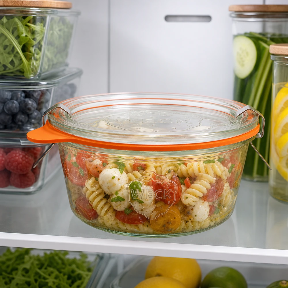 290ml Sturzglas niedrig komplett WECK RR100 Os copos WECK de 290 ml RR100 com salada de massa no frigorífico mostram que é prático guardar alimentos
