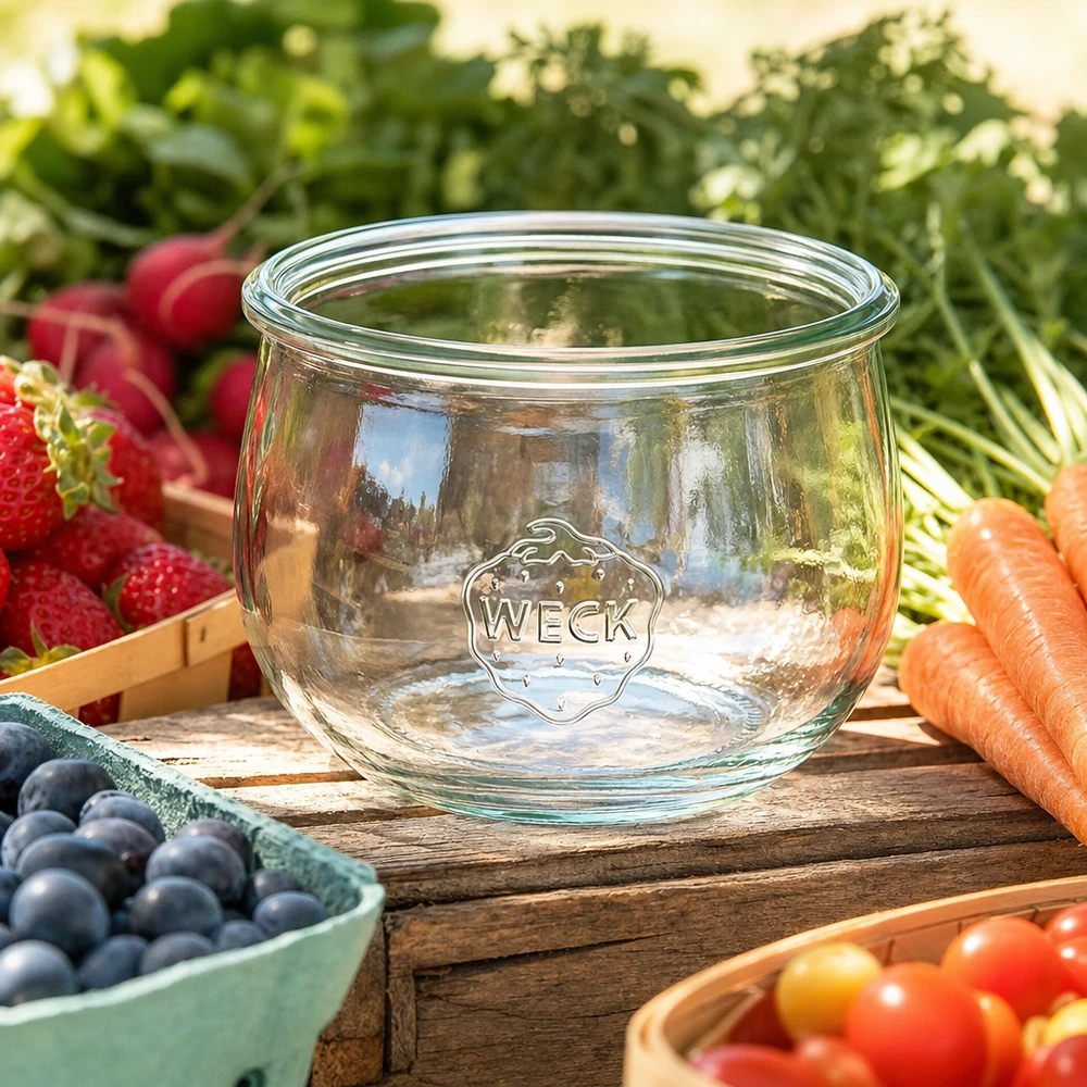 Frasco em forma de tulipa WECK RR100 de 580 ml Frasco tulipa WECK 580ml Frasco de conserva de vidro RR100 com logótipo rodeado de frutas e legumes frescos numa mesa de madeira