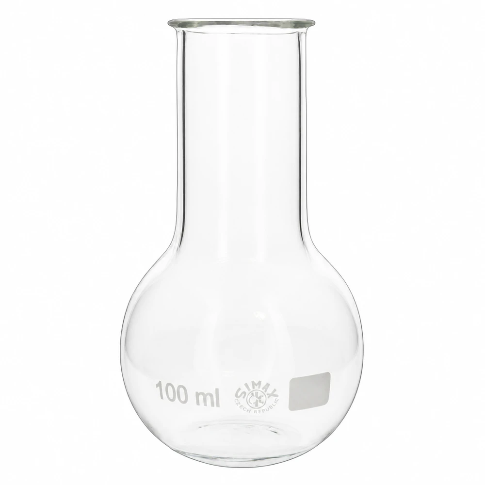 Balão de pé com 100 ml e gargalo largo, fabricado em vidro borossilicato de alta qualidade para medições laboratoriais