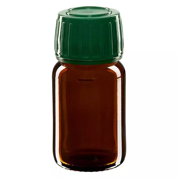 30ml Medizinflasche braun, Verschluss grün mit Originalitätsring ApoGlas 30ml Medizinflasche braun, Verschluss grün mit Originalitätsring ApoGlas