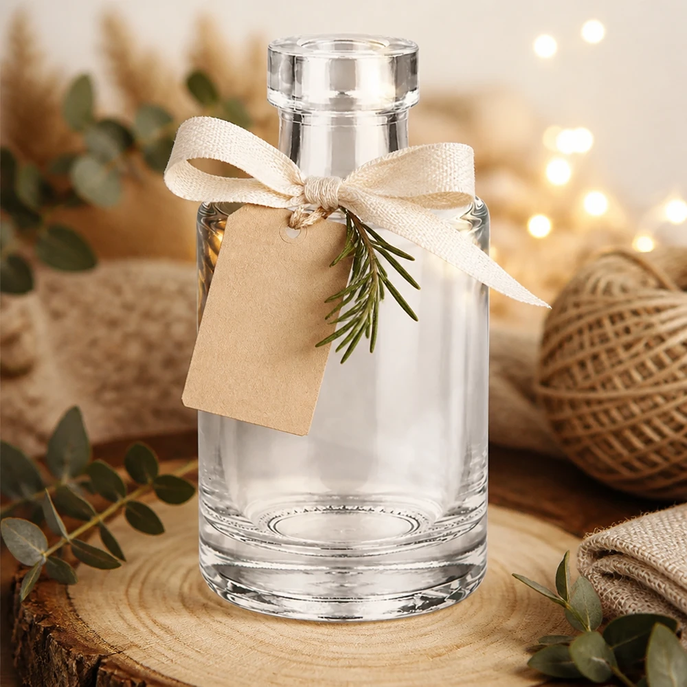 Garrafa de vidro de 100 ml Marie decorativa com pendente de fita de oferta e alecrim num ambiente acolhedor com luzes de fadas