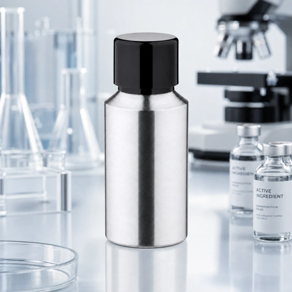 Frasco de alumínio polido de 30 ml com tampa preta ideal para aplicações laboratoriais profissionais