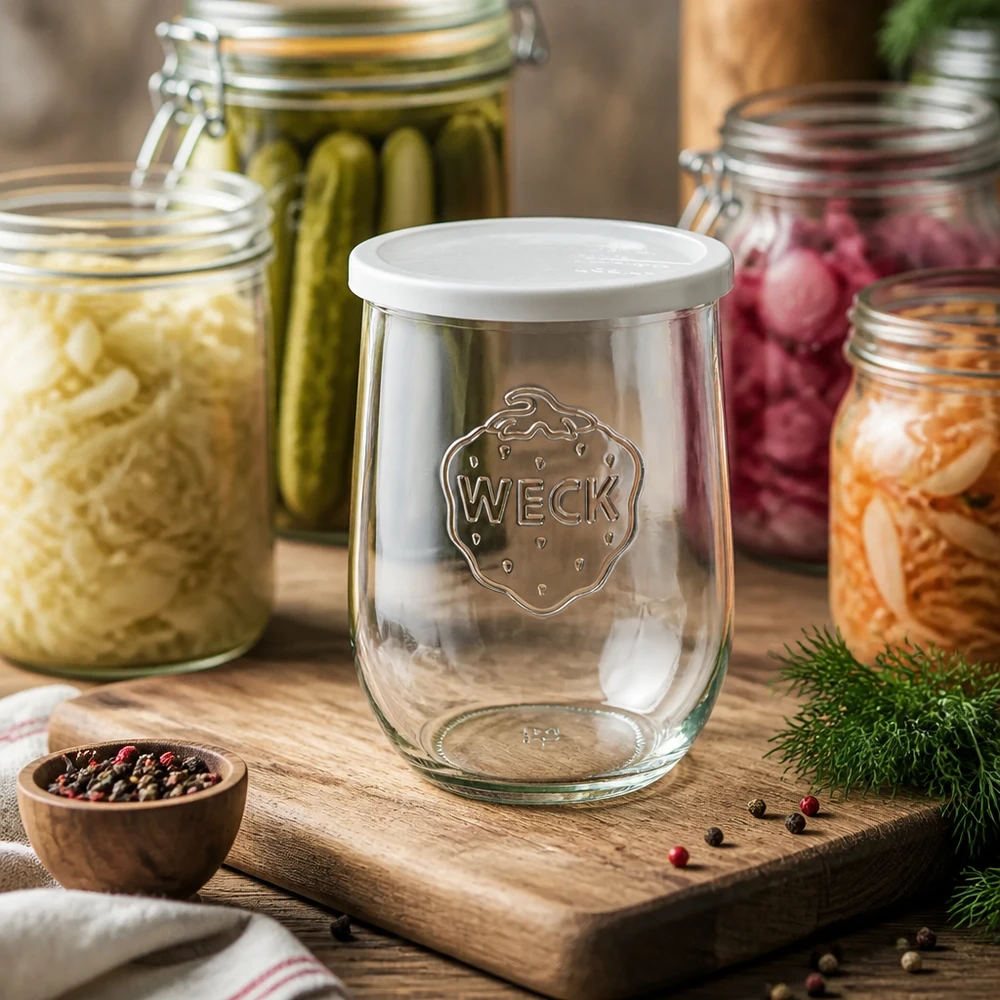 Frasco tulipa WECK 1062ml RR100 vazio com tampa branca sobre tábua de madeira rodeado de frascos de conserva cheios de legumes e especiarias