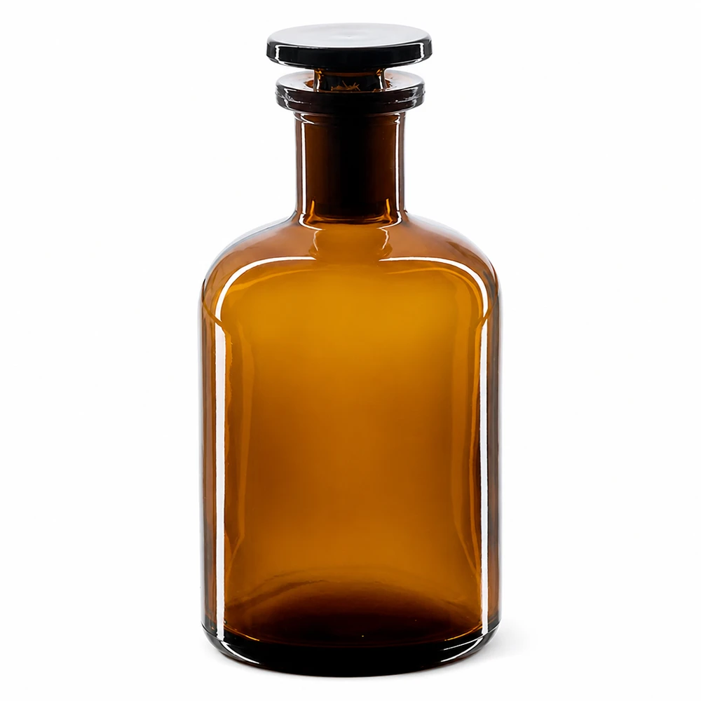 Garrafa castanha de ombros arredondados, com 100 ml, com rolha de vidro e gargalo estreito, fabricada em vidro de laboratório de alta qualidade