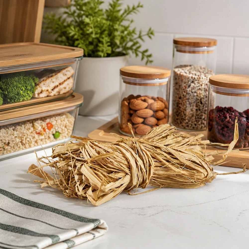 Corda natural para decoração, 30 g Ráfia natural 30g bege dourado na bancada da cozinha com frascos de arrumação mostra ideias práticas de organização e decoração da cozinha
