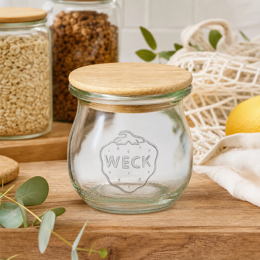 Frasco de tulipas WECK 75ml RR40 vazio com tampa de madeira na cozinha sustentável entre frascos de arrumação e redes de compras