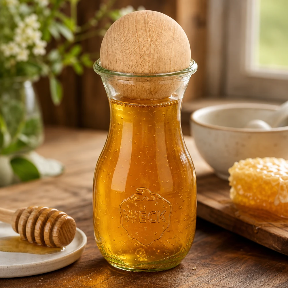 Garrafa de sumo WECK de 290 ml cheia de mel e bola de madeira de faia, decorada com favo de mel e colher de mel