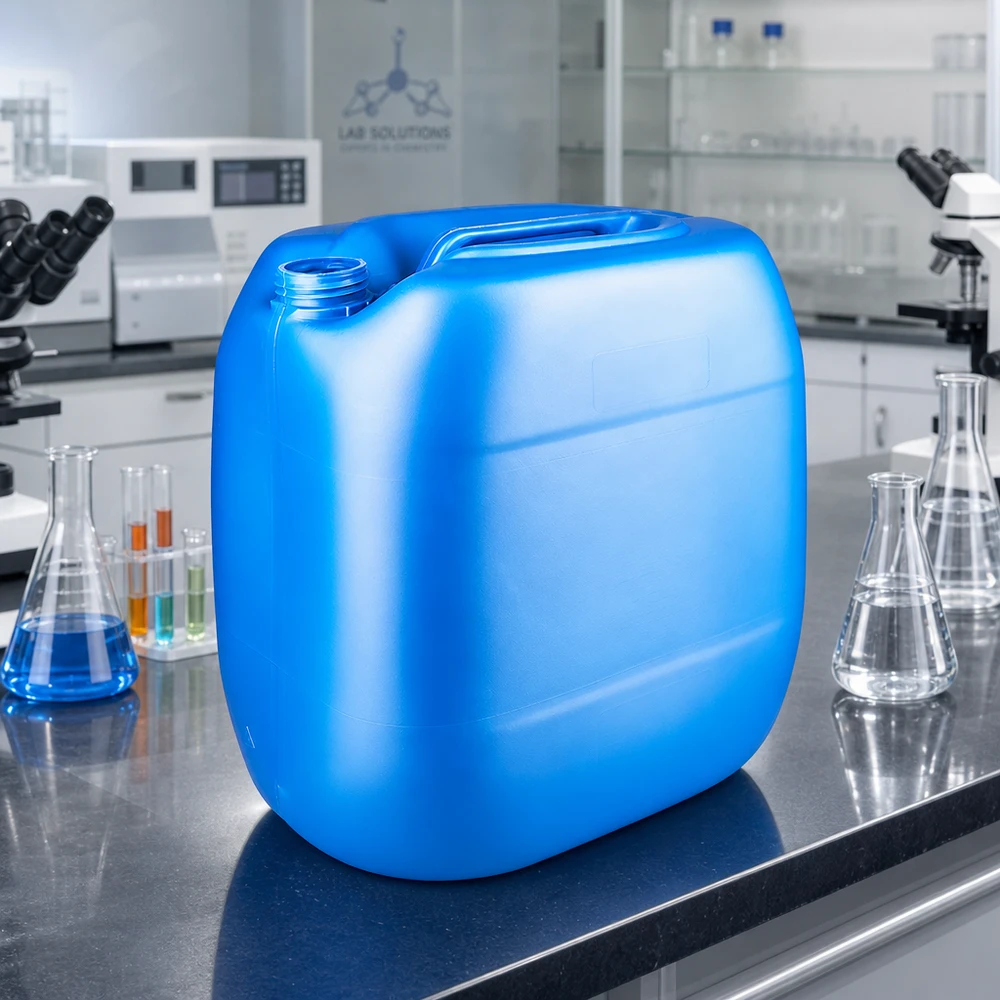 Bidão 30 litros azul sem tampa Recipiente retangular azul de 30 litros, sem tampa, sobre uma mesa de laboratório com um frasco de Erlenmeyer