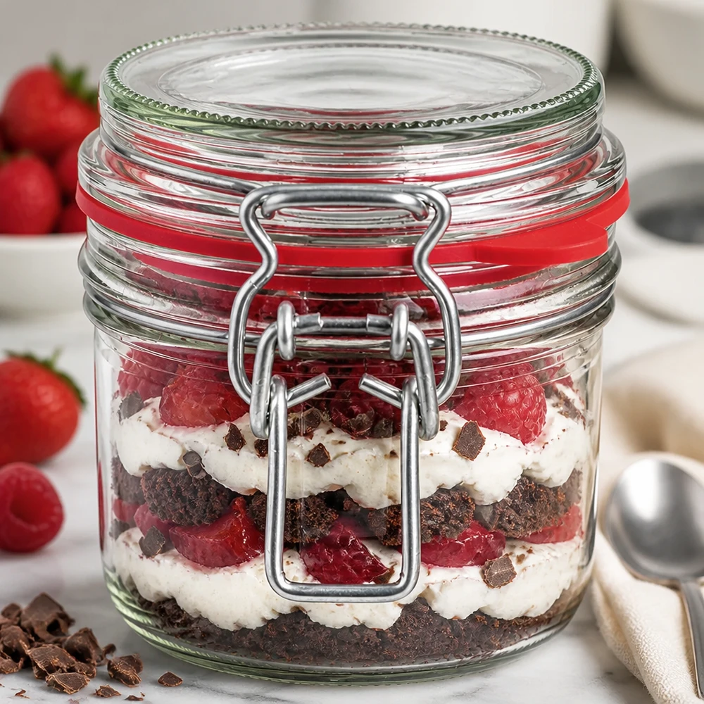 Frasco de conserva de 255 ml, tipo G, com tampa de fecho de alça UN.. 255ml Bügelverschluss-Glas mit geschichtetem Erdbeer-Schoko-Dessert, perfekt für Trifle und süße Leckereien