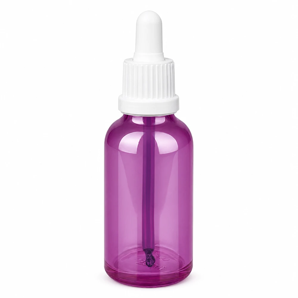 Frasco de pipeta de 30 ml com tampa de rosca de originalidade branca PurpleLine UT18/30 Frasco pipeta de 30 ml transparente violeta com tampa branca para uma dosagem precisa