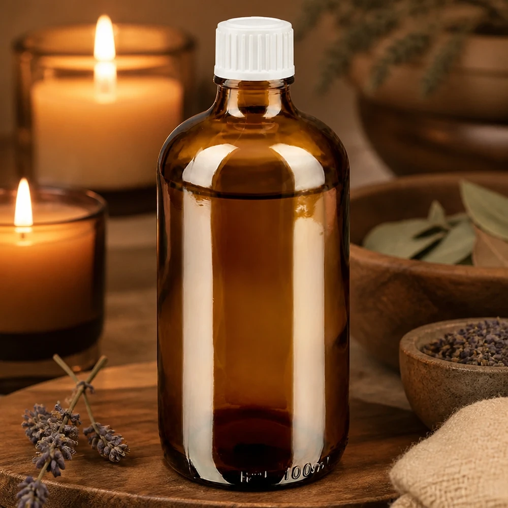 Frasco de farmácia castanho 100ml tampa conta-gotas branco 0.8mm standard Frasco de vidro âmbar de 100 ml com tampa dosadora branca, ideal para aromaterapia e cosmética natural