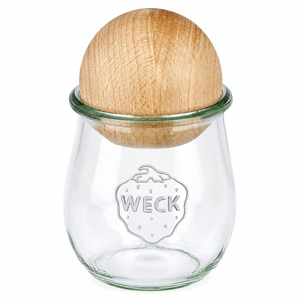 Frasco tulipa WECK 220ml RR60 com tampa de bola de faia natural, frasco de conserva transparente com tampa de madeira