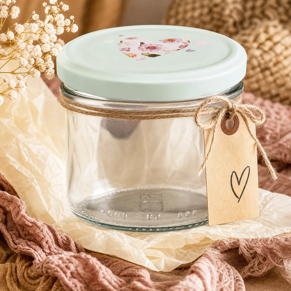 Boião de 230 ml + tampa BasicSeal coração menta 230ml Zylinderglas mit mint Herzdeckel romantisch dekoriert mit Juteband Geschenkanhänger und Trockenblumen