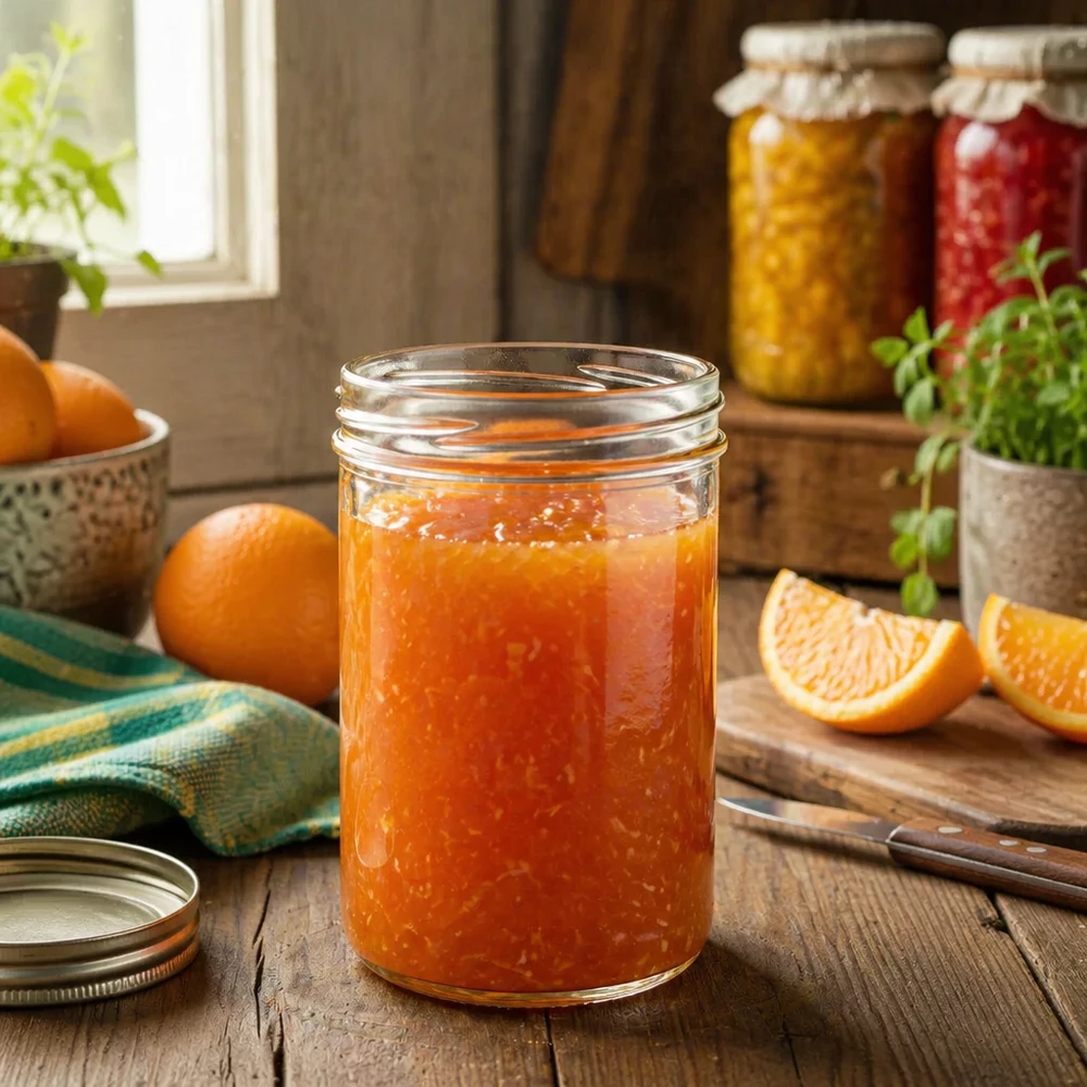 Copos de vidro de 435ml sem tampa (TO82) UNiTWIST Frasco de conserva UNiTWIST Sturz435 de 435 ml cheio de marmelada de laranja caseira numa cozinha rústica com laranjas frescas