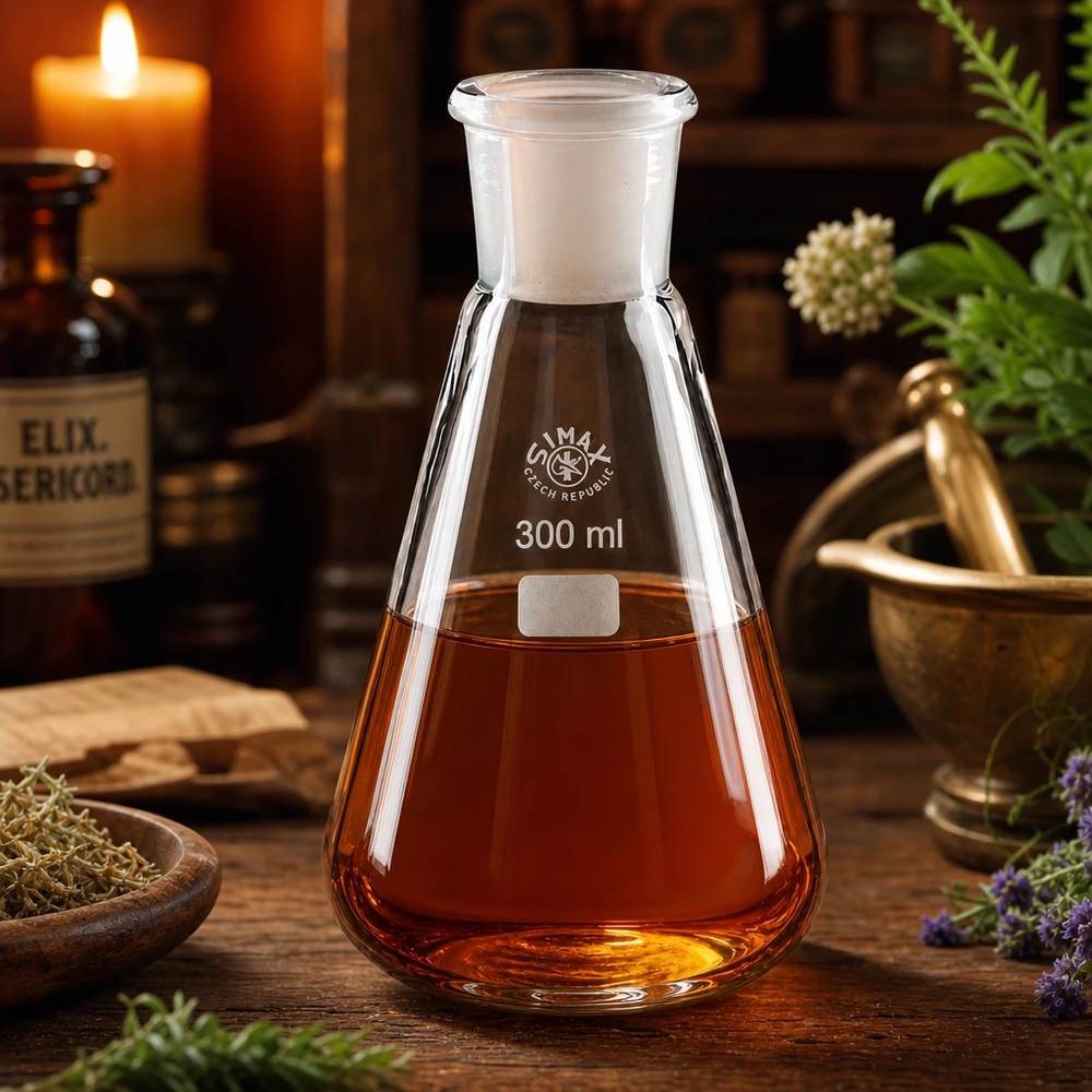 Frasco Erlenmeyer de 300 ml com líquido vermelho-alaranjado e junta esmerilada padrão 29/32 num ambiente rústico de laboratório