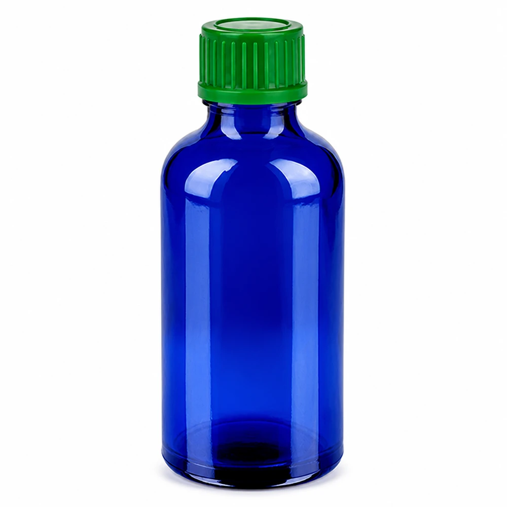 Frasco de vidro azul de 50 ml com tampa de rosca verde para óleos essenciais e cosméticos
