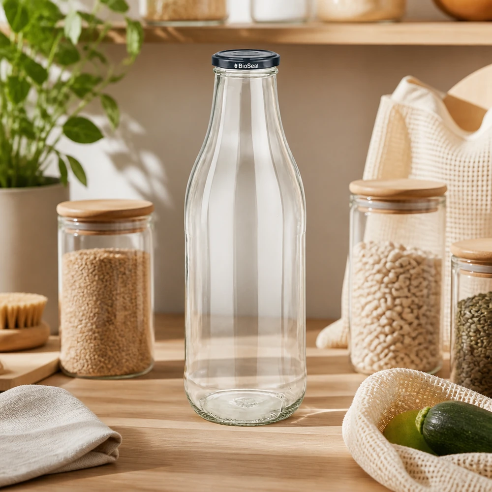 1000ml Glasflasche BioSeal Deckel Zero Waste Küche Hülsenfrüchte Vorratshaltung nachhaltige Küchenorganisation
