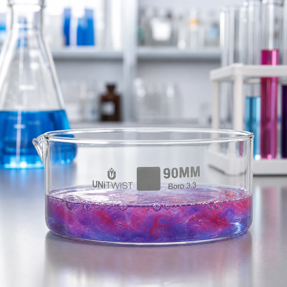 Baceta de cristalização de 90 mm UNiTWIST com líquido vermelho-violeta, vidro borossilicato, experiência de laboratório