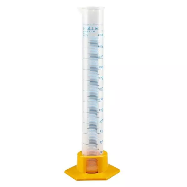 250ml Messzylinder Polypropylen, graduiert mit gelbem Fuss 250ml Messzylinder Polypropylen, graduiert mit gelbem Fuss
