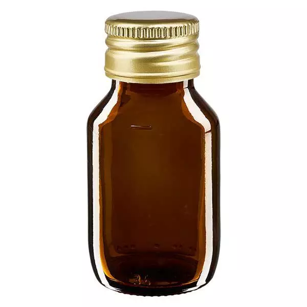 Frasco para medicamentos de 50 ml castanho, com tampa de alumínio dourada ApoGlas Frasco para medicamentos de 50 ml castanho, com tampa de alumínio dourada ApoGlas