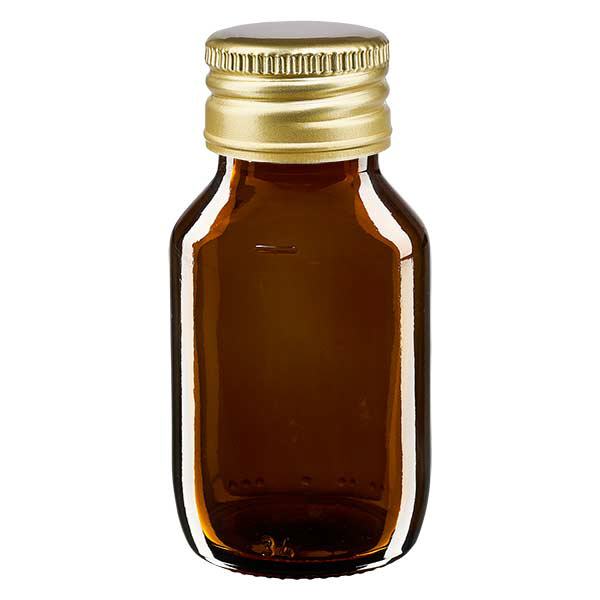 Frasco para medicamentos de 50 ml castanho, com tampa de alumínio dourada ApoGlas Frasco para medicamentos de 50 ml castanho, com tampa de alumínio dourada ApoGlas