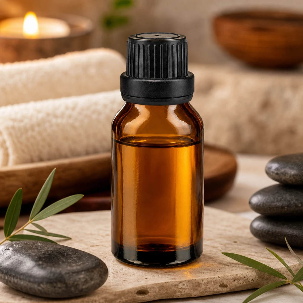 Frasco de farmácia castanho 30ml com tampa de rosca preta com fecho inviolável Frasco de vidro castanho de 30 ml com tampa de segurança preta, entre pedras de bem-estar e uma vela