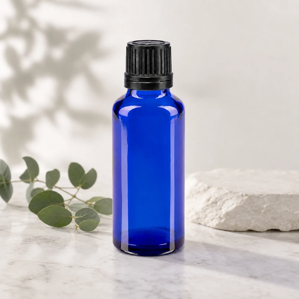 Frasco de farmácia azul 30ml tampa conta-gotas anel de vazamento 1mm preto fecho inviolável Frasco farmacêutico de vidro azul de 30 ml com tampa de rosca preta e conta-gotas