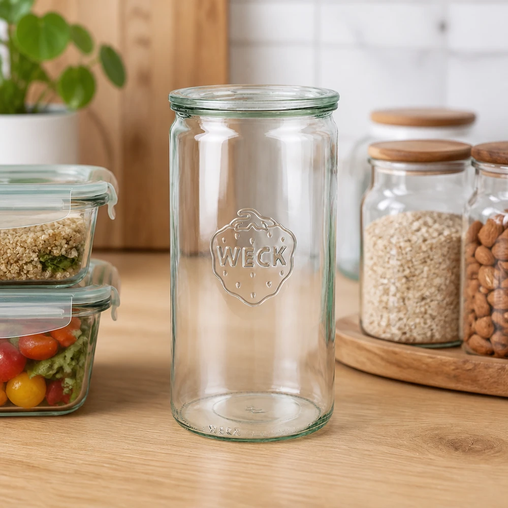 Frasco cilíndrico WECK 1590ml RR100 vazio sobre bancada de madeira em cozinha moderna com frascos de arrumação e plantas
