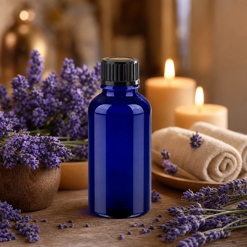 Frasco de aromaterapia de 30 ml em vidro cobalto com tampa de gotejamento para óleo de lavanda e bem-estar