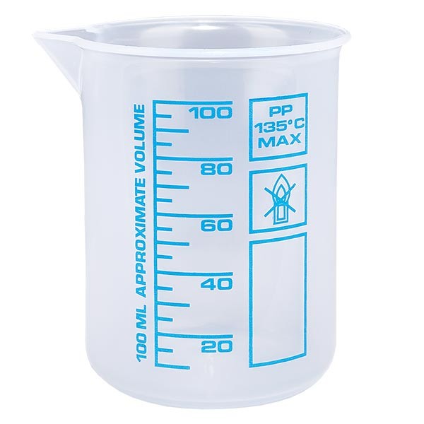Copo de medição de 100 ml (copo Griffin) PP, anti-estático, com elevada transparência de acordo com a norma DIN 12.311, com rebordo graduado, escala azul impressa Copo de medição de 100 ml (copo Griffin) PP, anti-estático, com elevada transparência de acordo com a norma DIN 12.311, com rebordo graduado, escala azul impressa