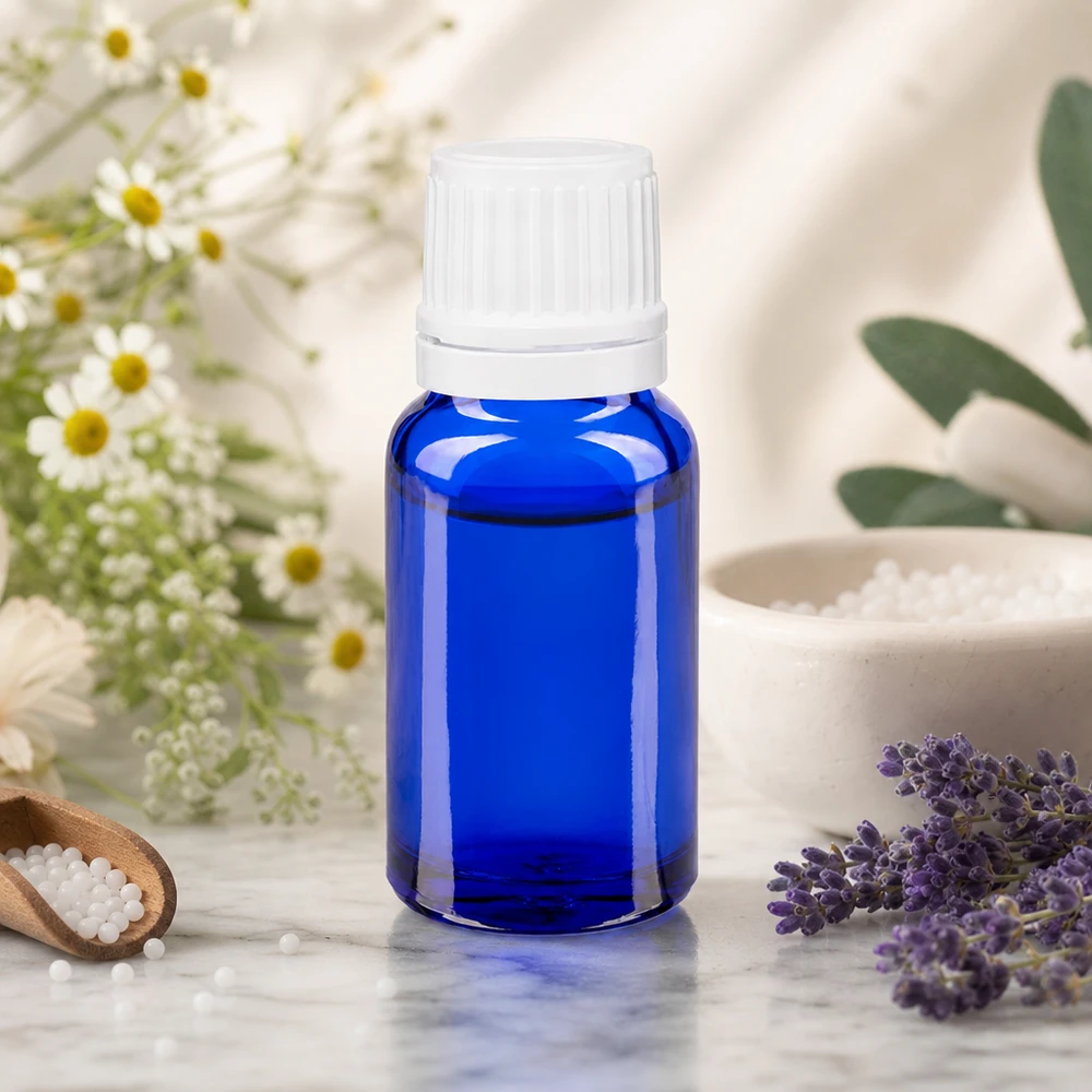 Frasco de farmácia azul 10ml tampa de rosca branca fecho inviolável Frasco de vidro azul de 10 ml com tampa de rosca branca, ao lado de lavanda, camomila e sal