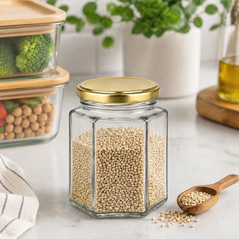 Frasco de mel hexagonal de 250 g com tampa dourada cheio de sementes numa cozinha moderna como recipiente de arrumação