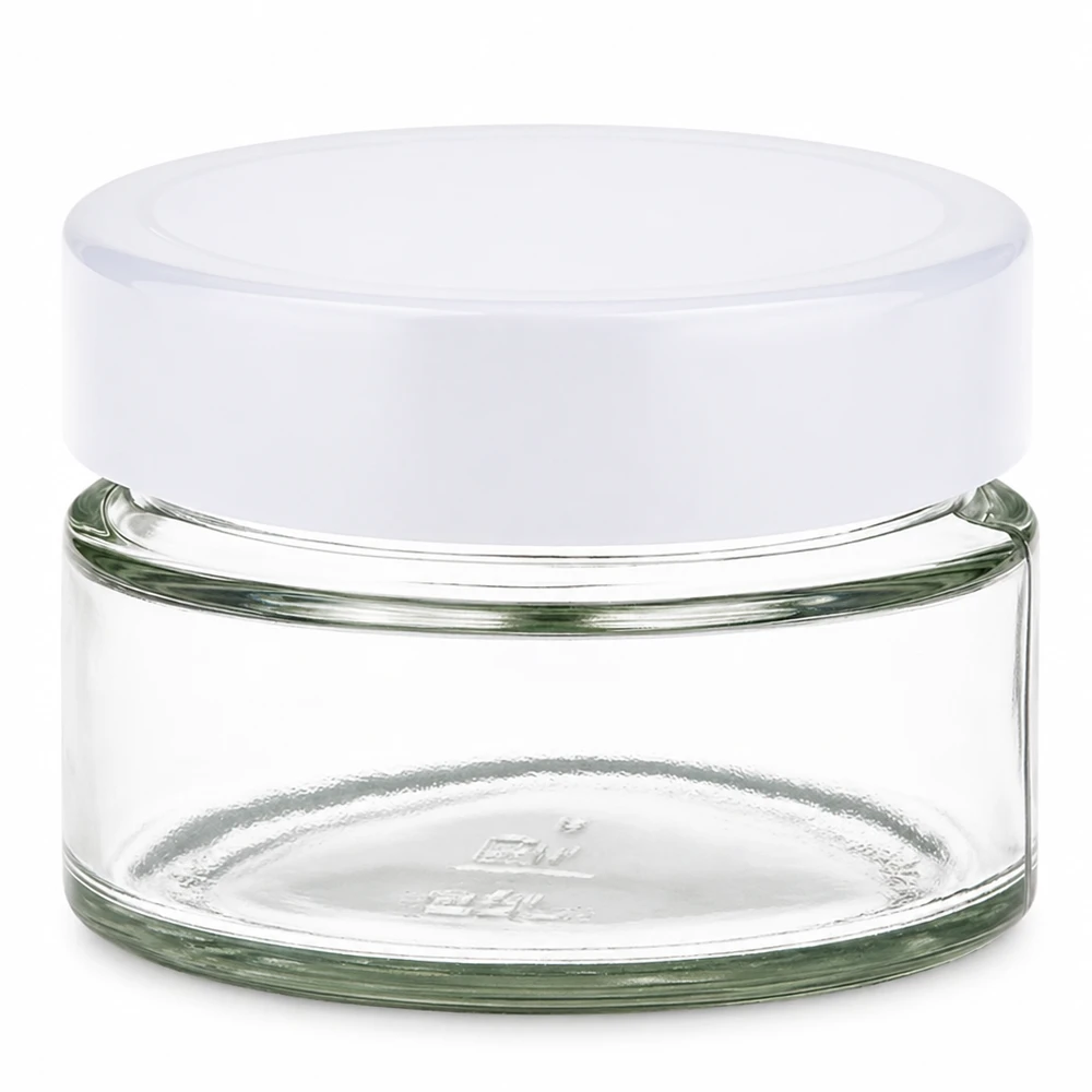 Frasco de vidro redondo de 130 ml com tampa BasicSeal branca UNiTWIST - frasco de vidro vazio com tampa de rosca para armazenamento