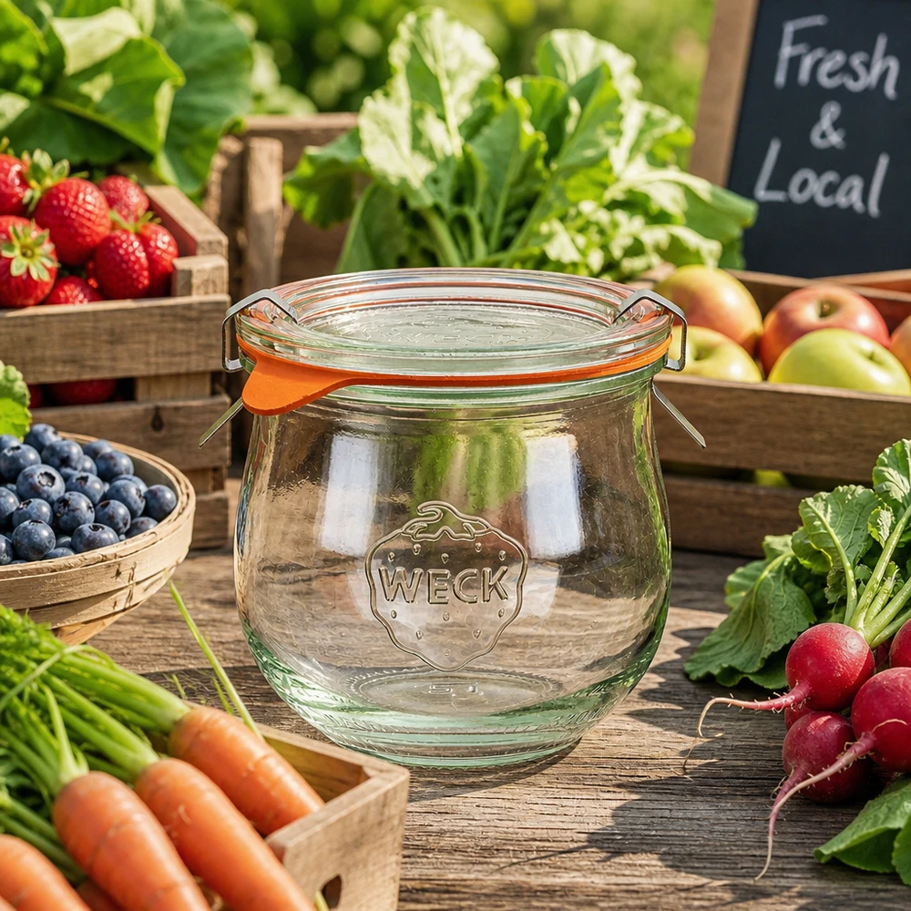 Jarro de tulipa WECK 370ml RR80 na banca de mercado com fruta fresca e legumes e sinal Local Fresh para produtos regionais
