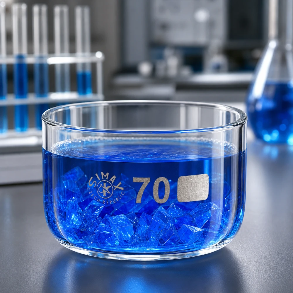 Prato de cristalização de 100ml sem bico em borosilicato ø70mm Bandeja de cristalização Simax com 70 mm de diâmetro, com solução azul de sulfato de cobre e cristais no laboratório
