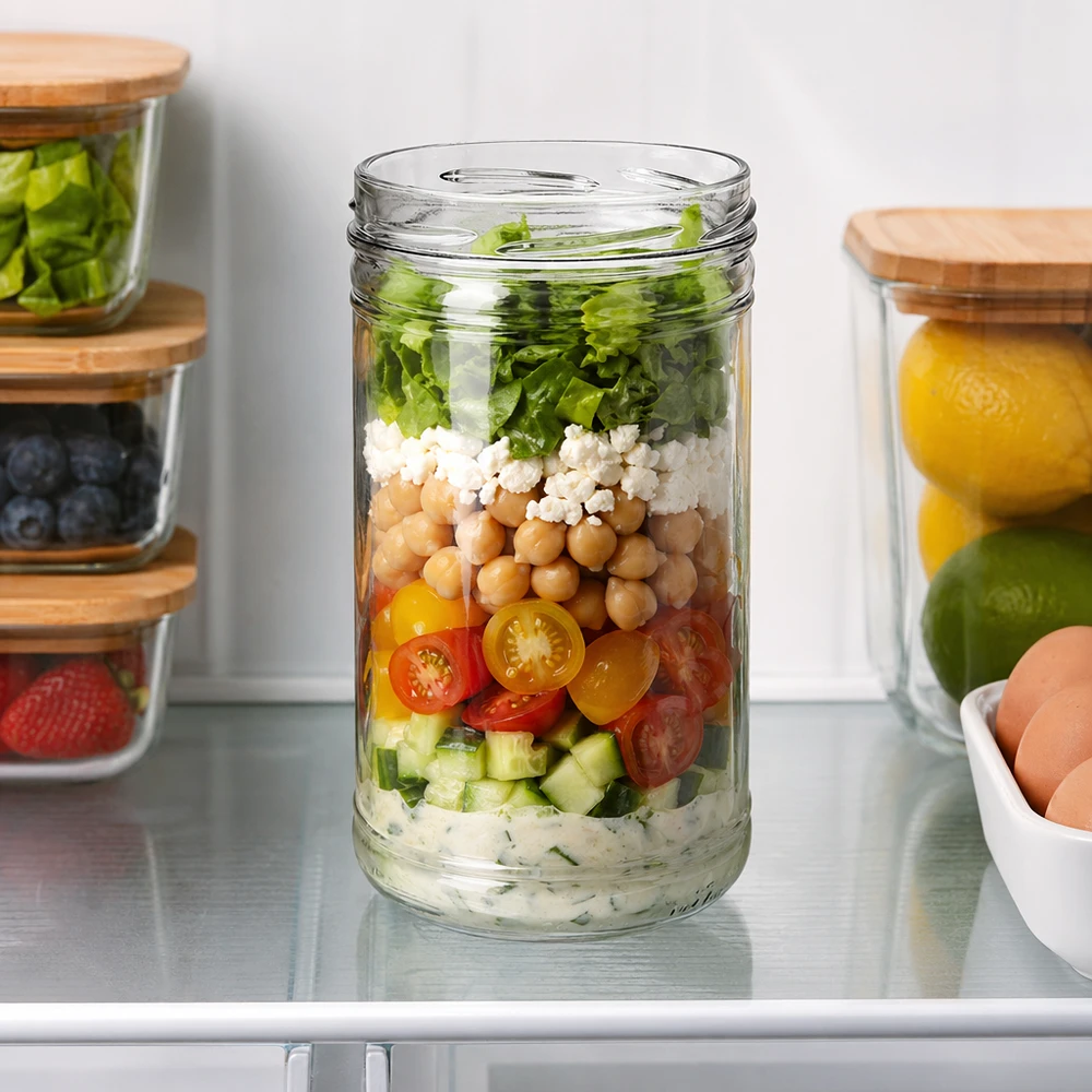 Copos UNiTWIST 1053ml TO100 como frasco de preparação de refeições com salada em camadas de grão-de-bico e tomate com queijo feta no frigorífico
