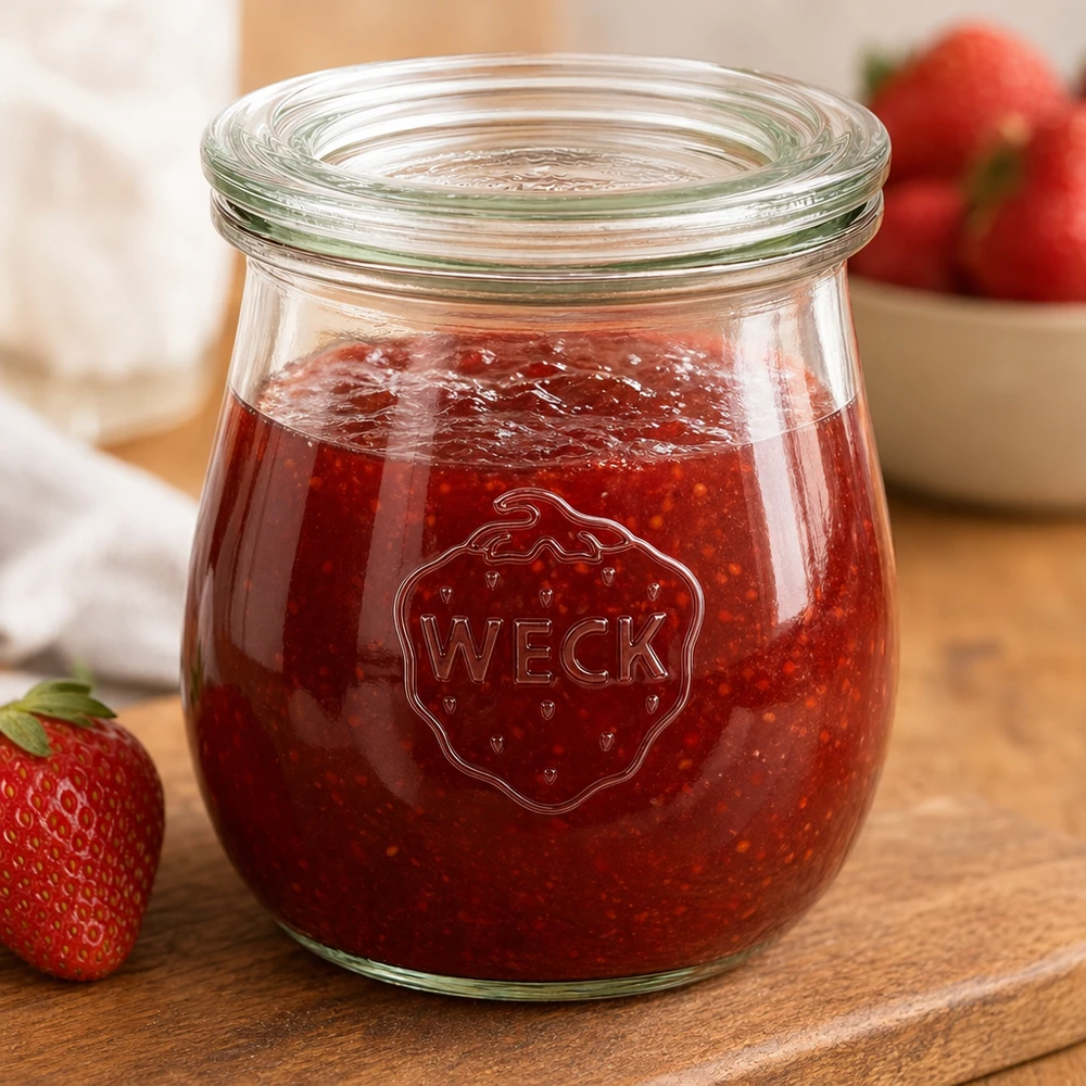 Frasco em forma de tulipa de 220 ml com tampa de vidro WECK RR60 Frasco tulipa WECK de 220 ml cheio de compota de morango numa tábua de madeira com morangos frescos ao fundo