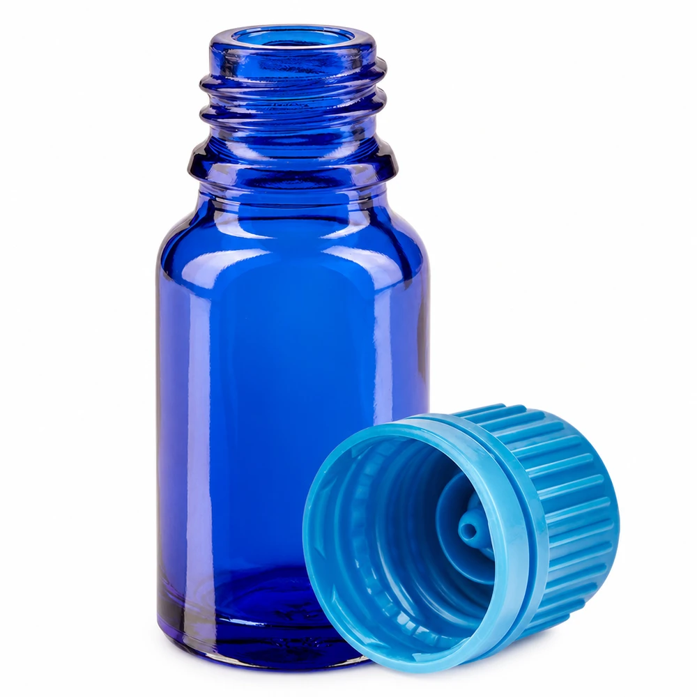 Frasco de 10 ml com tampa de rosca de 11 mm azul BlueLine UT18/10 Frasco de 10 ml em vidro azul-cobalto com tampa de rosca turquesa clara para aromaterapia