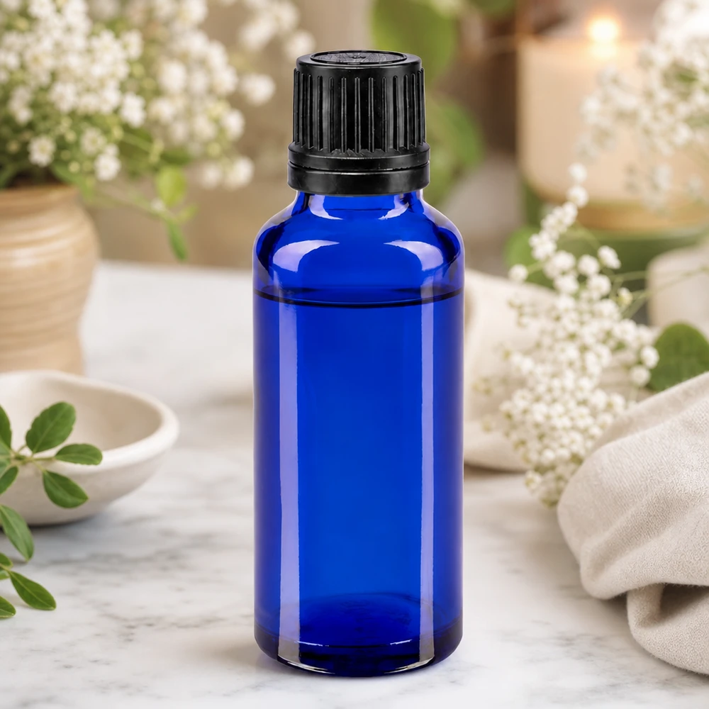 Pequeno frasco de farmácia de 30 ml, azul, com tampa de rosca preta, para óleos essenciais