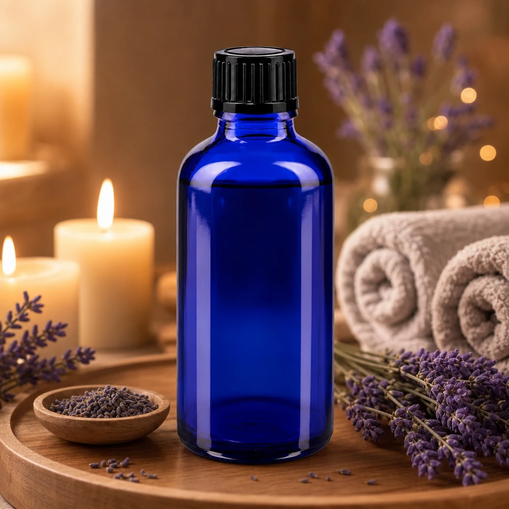 Frasco de farmácia azul 50ml tampa conta-gotas 1mm preto standard Frasco conta-gotas azul de 50 ml com tampa de rosca preta, sobre uma bandeja de madeira com decoração de lavanda