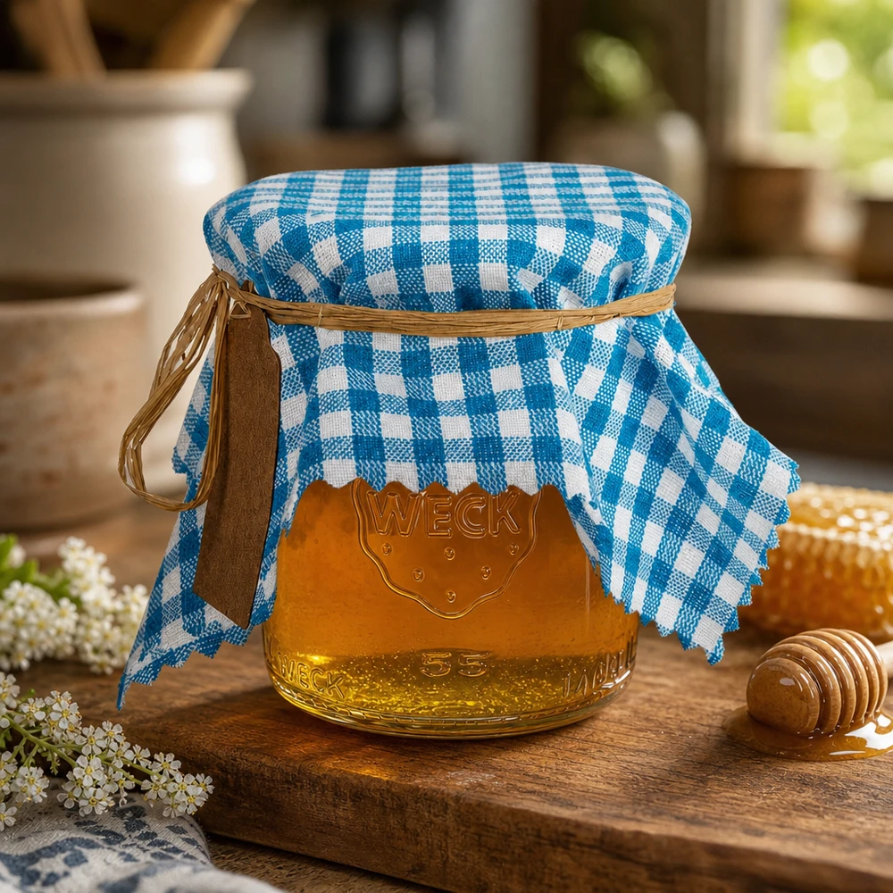 Guardanapo de tecido axadrezado turquesa e branco sobre um frasco de mel com uma concha de madeira e flores brancas numa tábua de madeira rústica