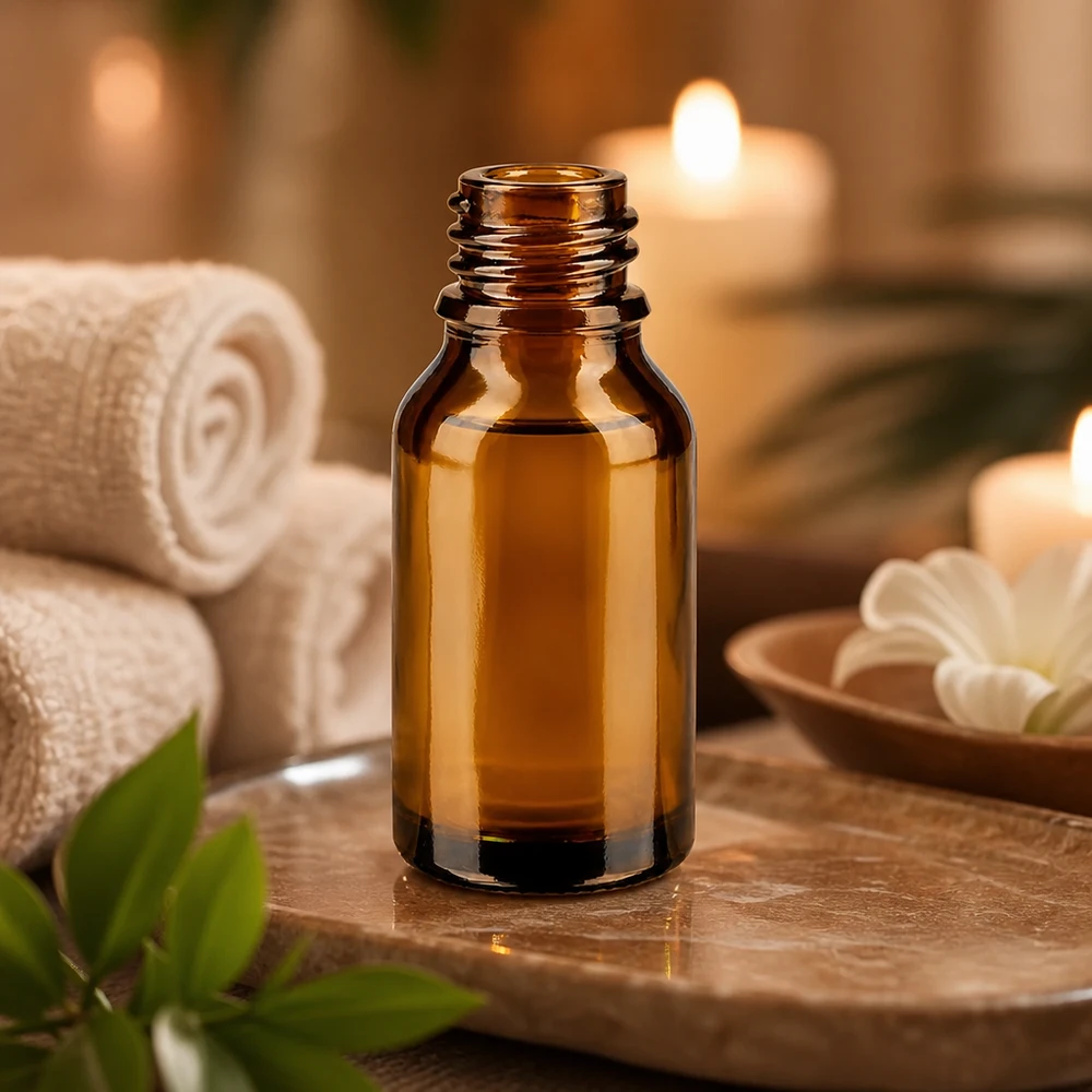 Frasco conta-gotas 15 ml DIN 18 de vidro âmbar Frasco de farmácia castanho ApoGlas de 15 ml à luz de velas quentes com toalhas brancas e decoração Wellness de folhas verdes
