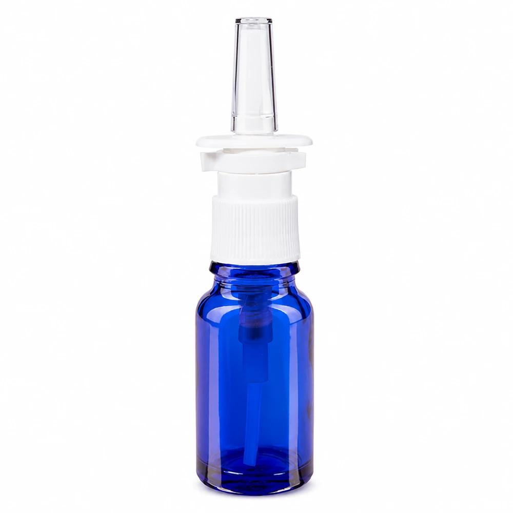 Frasco de vidro de farmácia azul de 10 ml com bico pulverizador nasal branco e bocal transparente