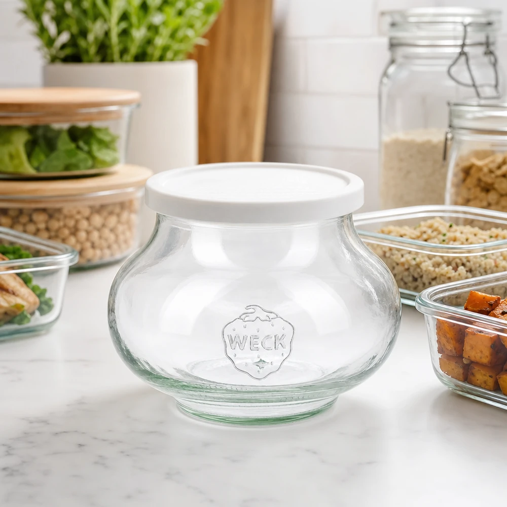 Frasco decorativo de 560 ml com tampa hermética WECK RR80 WECK Vorratsglas 560ml RR80 in moderner Küche zwischen Meal-Prep Behältern und Gewürzgläsern für stylische Aufbewahrung