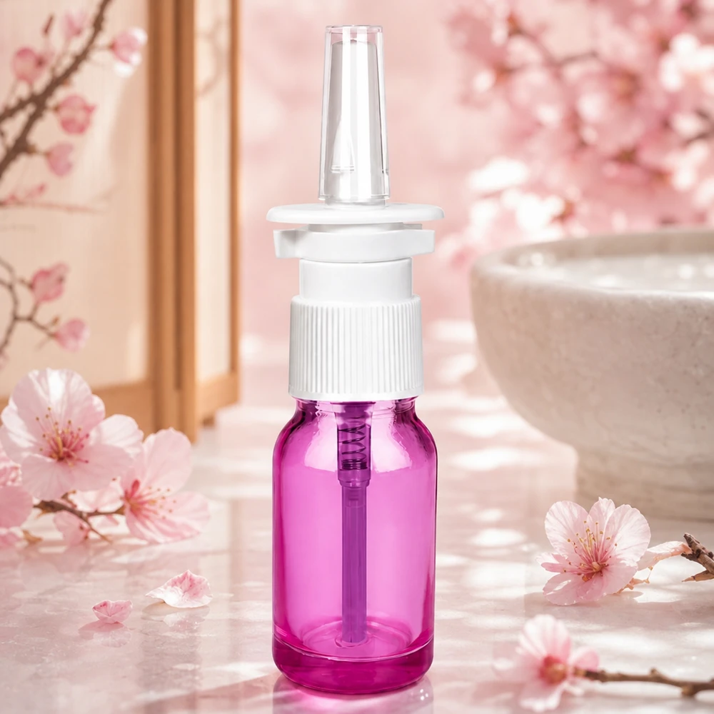 Frasco de spray nasal compacto de 10 ml com rosca STD UT18/10 em vidro violeta para uma dosagem precisa