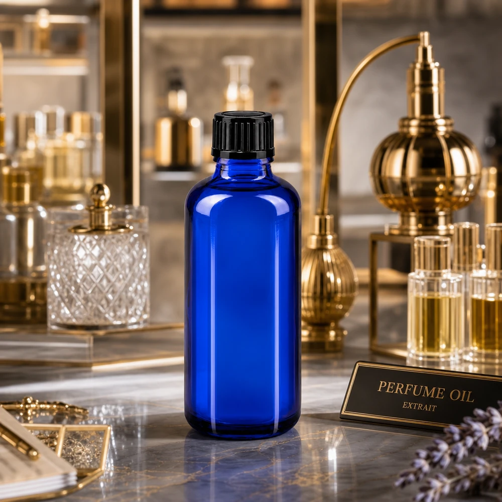 Frasco conta-gotas STD azul de 50 ml, em vidro de farmácia, com tampa preta, para óleo de perfume «Extrait»