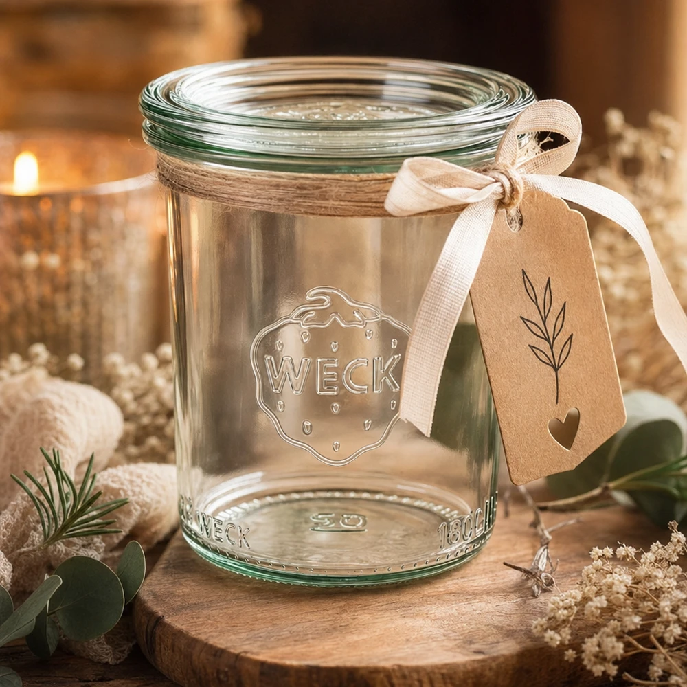 Frasco de vidro de 160 ml com tampa de vidro WECK RR60 Frasco de vidro WECK RR60 160ml em caixa de oferta com etiqueta e fita num ambiente acolhedor com vela