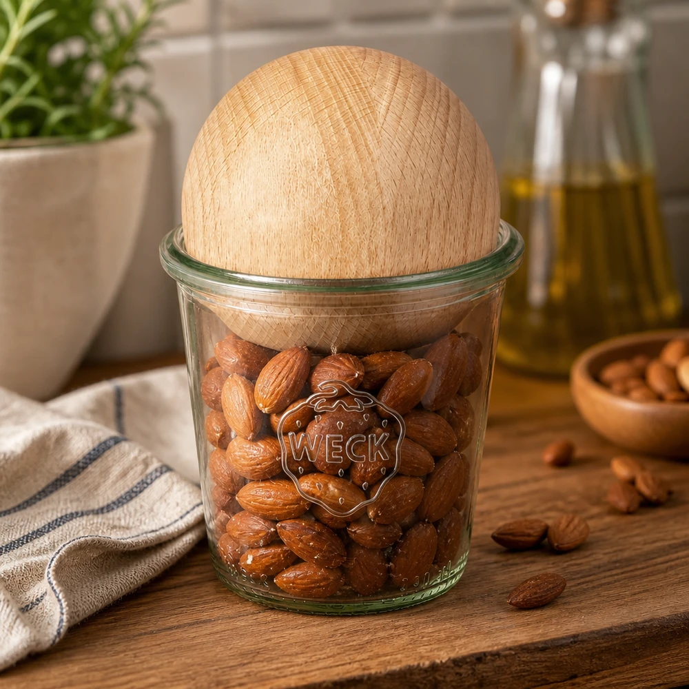290ml Sturzglas hoch WECK RR80 mit Holzkugel Buche Copos WECK 290ml RR80 cheios de amêndoas e tampa de bola de faia numa tábua de madeira num ambiente de cozinha natural
